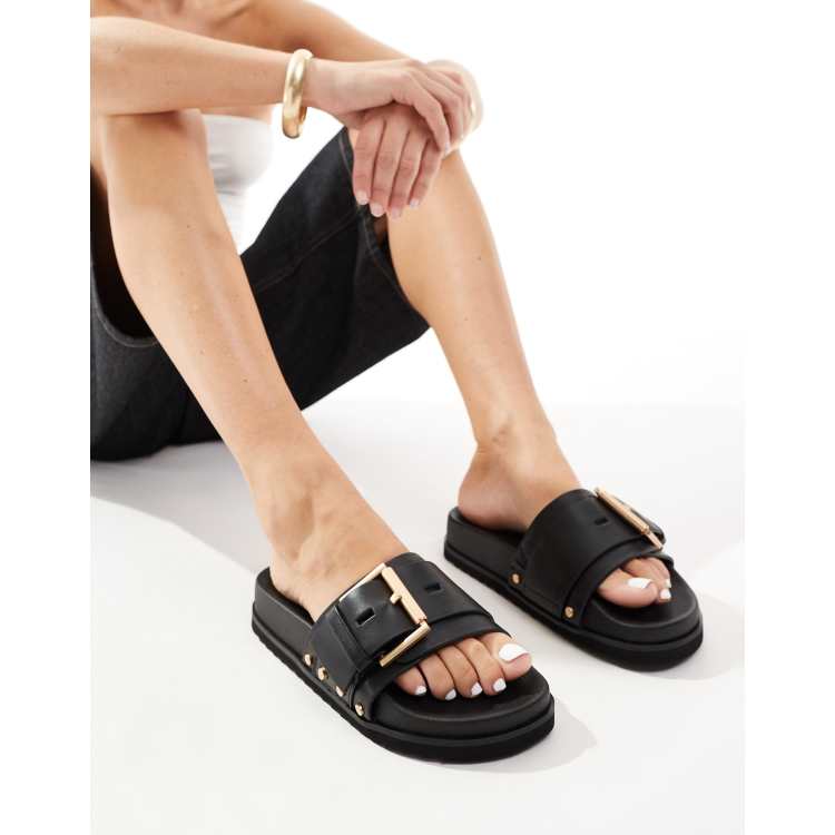 AllSaints Ellie leather stud sliders in black | ASOS