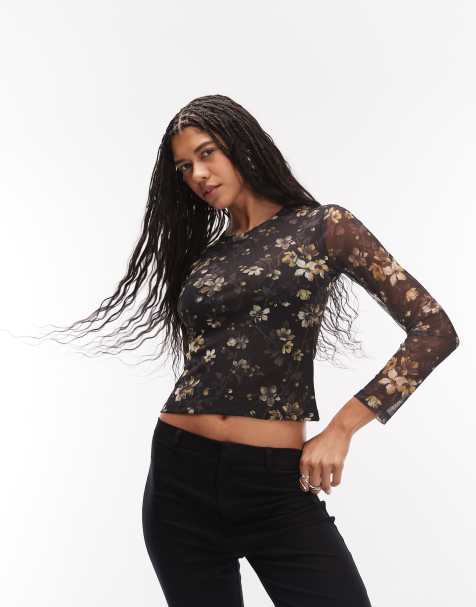 AllSaints ellie mesh long sleeve floral top in black - view 1