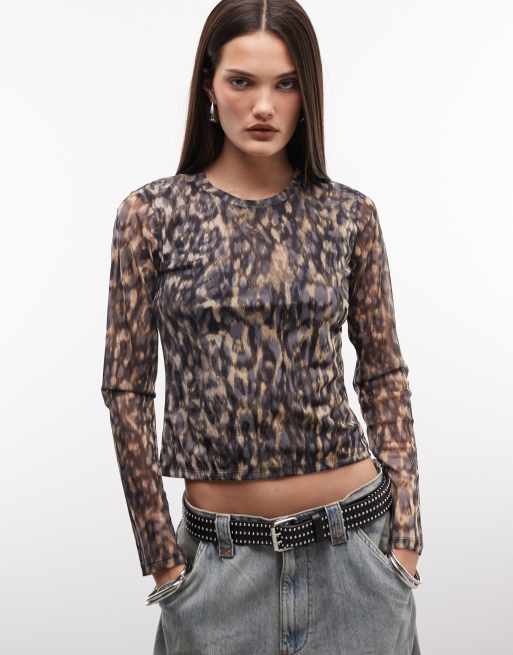 AllSaints Ellie mesh long sleeve top in leopard print, 3 of 4