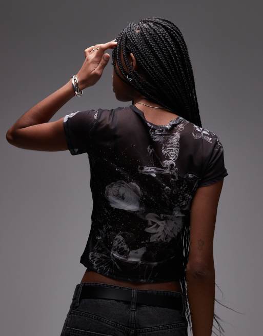 AllSaints Ellie mesh t-shirt in black print exclusive to asos | ASOS
