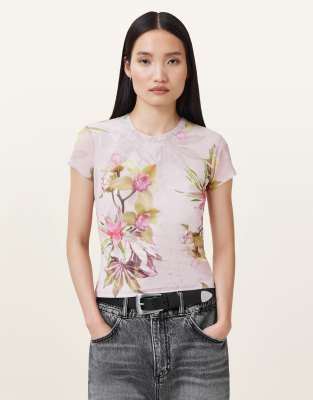 AllSaints - Ellie - Netzstoff-T-Shirt in zartem Adena-Rosa