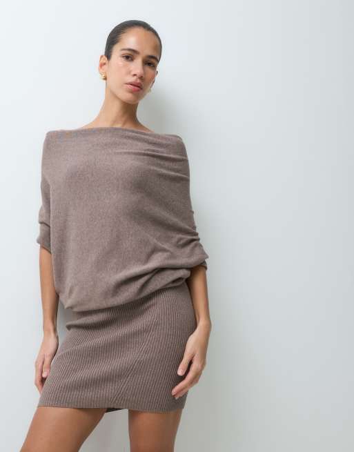 Allsaints Ellie off shoulder knitted draped mini dress in taupe brown, 2 of 5
