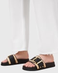 [AllSaints] AllSaints Ellie raffia leather sliders in black and neutral 38 Natural/Black