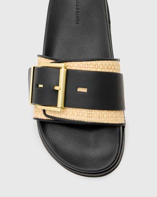 AllSaints Ellie raffia leather sliders in black and neutral, 2 of 4