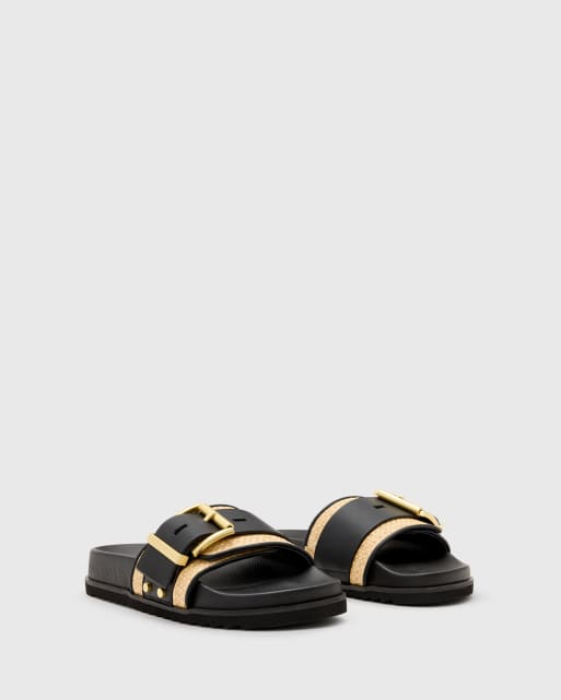 AllSaints Ellie raffia/leather slides in black and neutral, 3 of 4