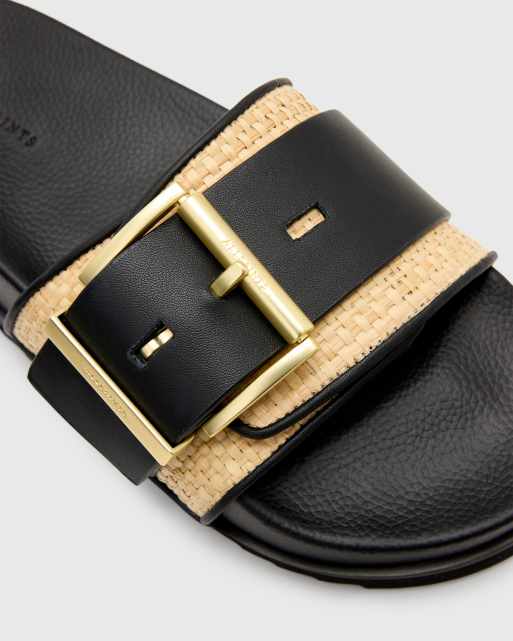 AllSaints Ellie raffia/leather slides in black and neutral, 4 of 4