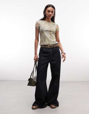 AllSaints Ellie short sleeve floral mesh t-shirt in beige-Neutral