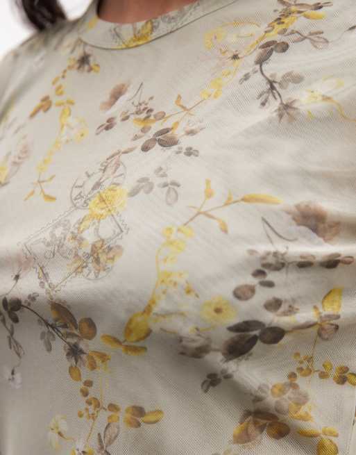 AllSaints Ellie short sleeve floral mesh t-shirt in beige, 3 of 4