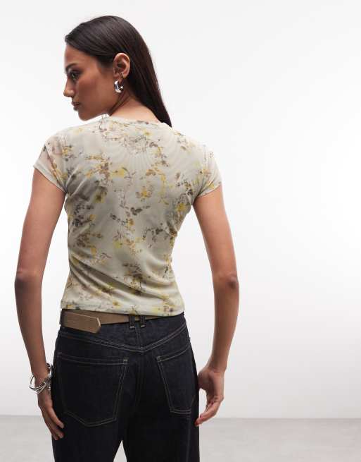 AllSaints Ellie short sleeve floral mesh t-shirt in beige, 4 of 4