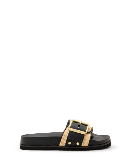 AllSaints - Ellie - Slippers met raffia in naturel/zwart
