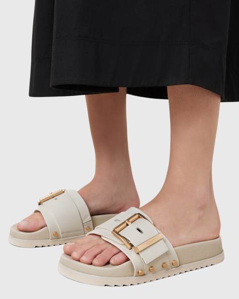 AllSaints Ellie studded leather sliders in chalk white - view 1