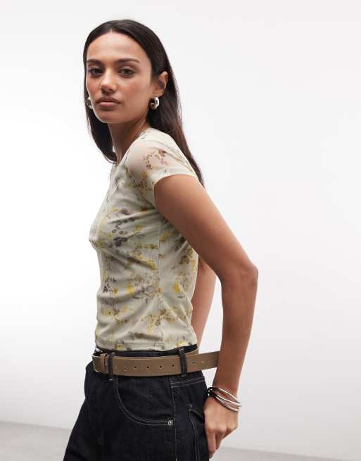 AllSaints - Ellie - T-shirt à manches courtes en tulle fleuri - Beige, 2 de 4