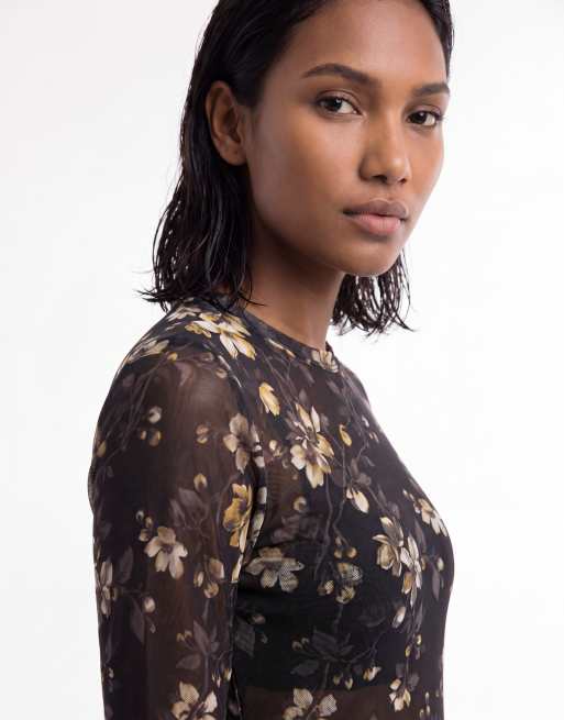 AllSaints - Ellie - Top manches longues en tulle imprimé fleuri - Noir, 3 de 4