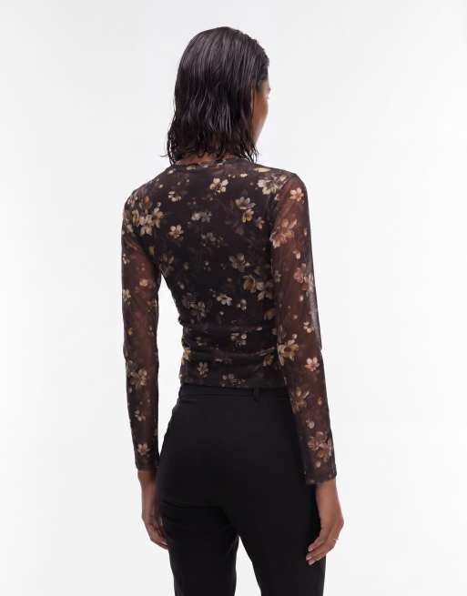 AllSaints - Ellie - Top manches longues en tulle imprimé fleuri - Noir, 4 de 4