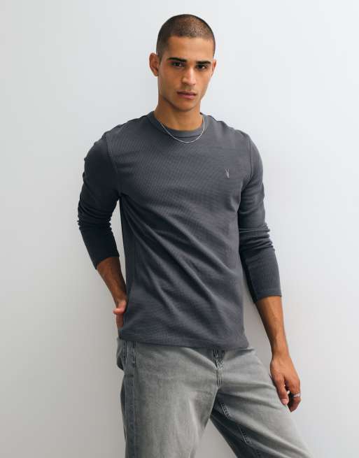 AllSaints Ellis Langarm-T-Shirt mit Waffelstruktur und Logo in Grau, 3 von 5