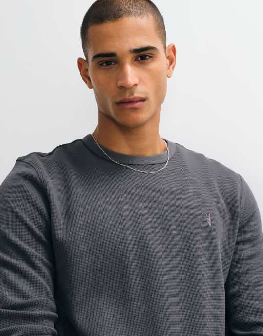 AllSaints Ellis Langarm-T-Shirt mit Waffelstruktur und Logo in Grau, 4 von 5