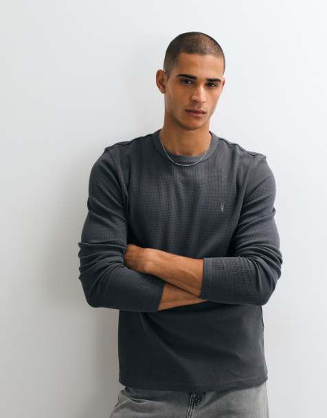 AllSaints Ellis långärmad t-shirt med våffelstruktur och logga i grått - view 1