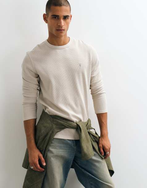 AllSaints Ellis långärmad waffle t-shirt med logga i beige - view 1