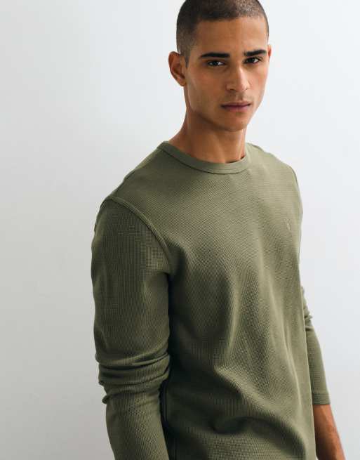 AllSaints Ellis langærmet waffle-logo T-shirt i grøn, 2 af 5