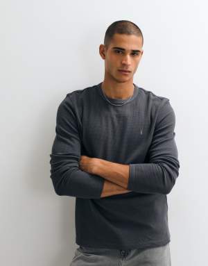 AllSaints Ellis long sleeve waffle logo t-shirt in grey