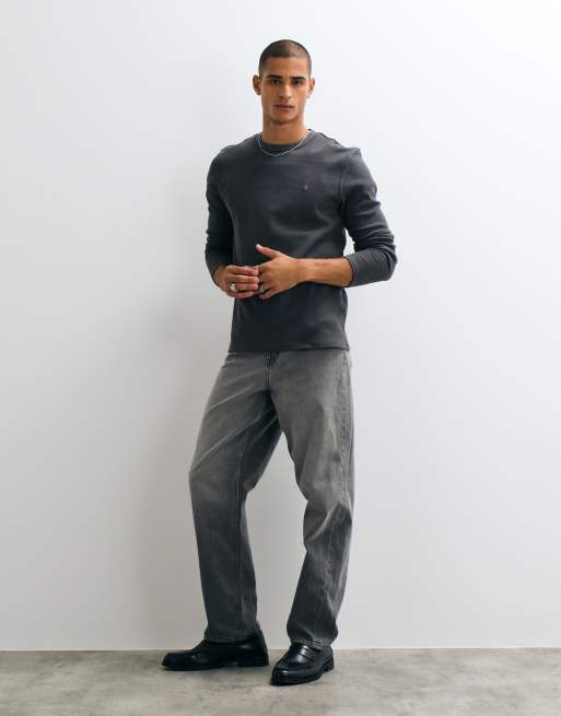 AllSaints Ellis long sleeve waffle logo t-shirt in grey, 2 of 5