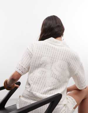 AllSaints Elma co-ord short sleeve crochet polo top with back logo in white
