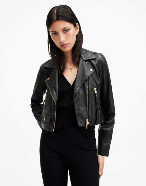 AllSaints Elora cropped leather moto jacket in black - view 1