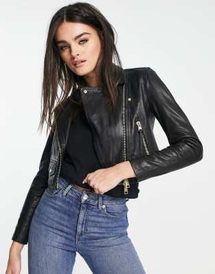 Allsaints Womens Black Elora Slim-fit Cropped Leather Biker Jacket In Black