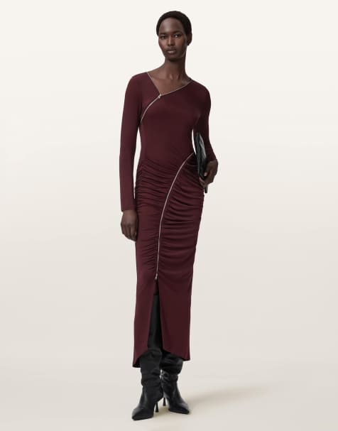 AllSaints – Elsie – Kleid in Ochsenblutrot mit Reißverschluss - view 1