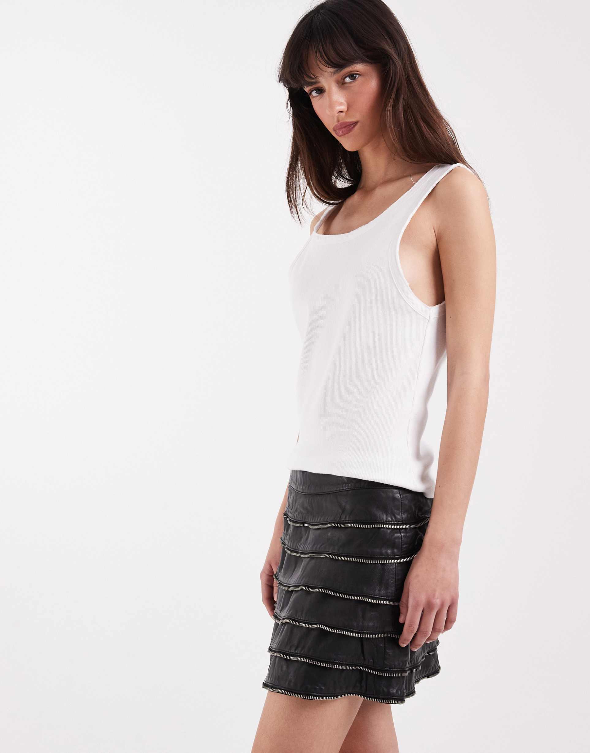 allsaints emara lea layered leather ruffled mini skirt in black