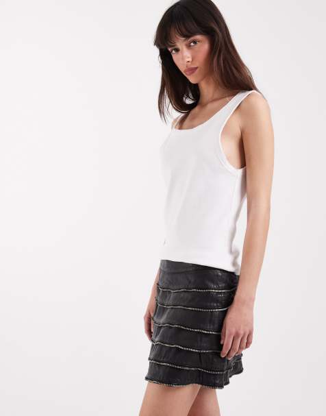 AllSaints - Emara Lea - Minigonna a strati in pelle nera con volant - view 1