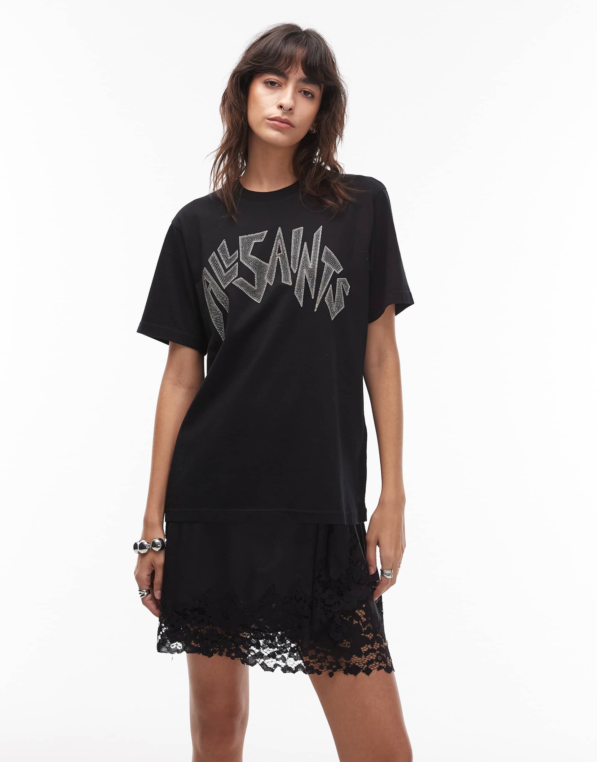 allsaints embellished logo oversized t-shirt in black