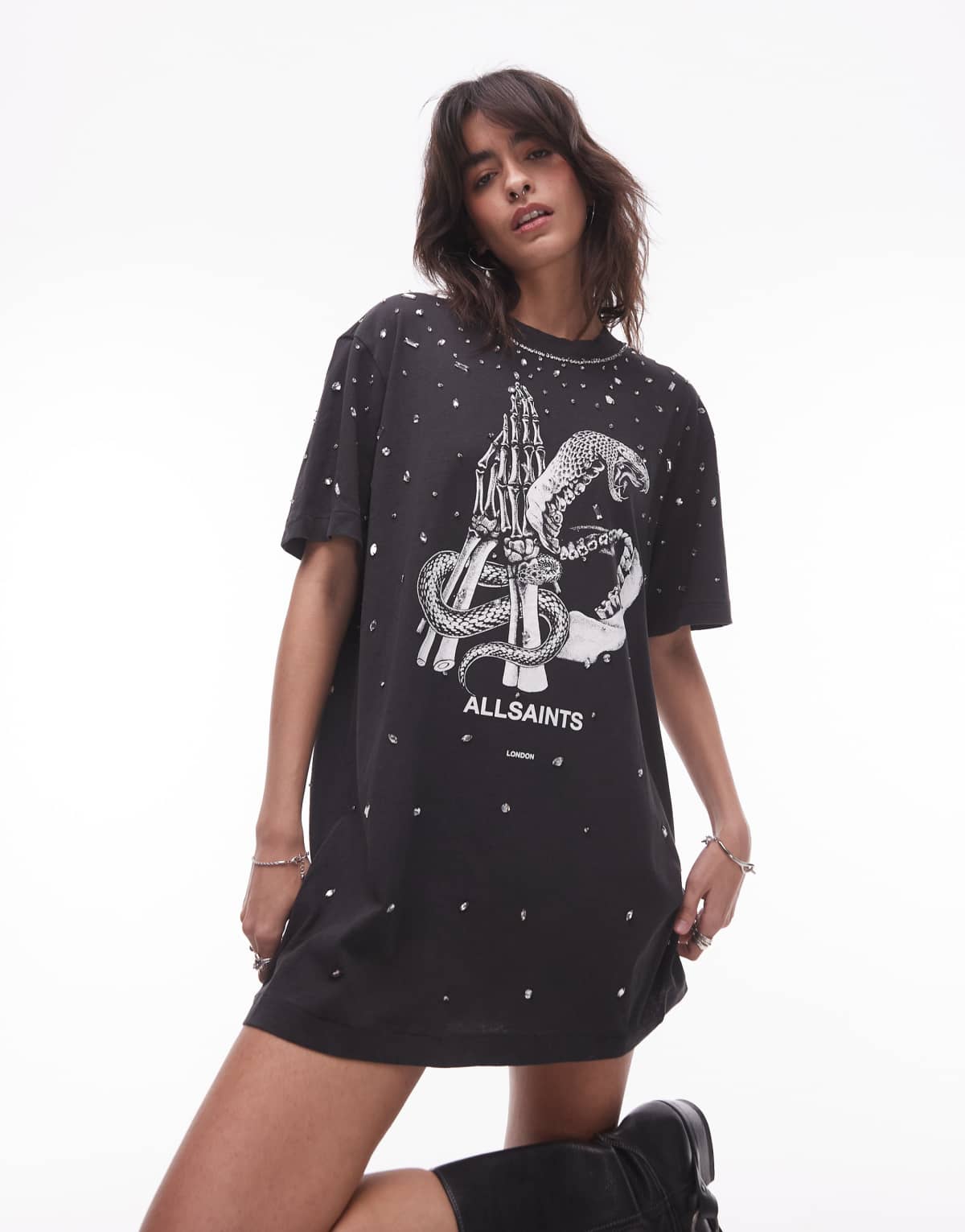 AllSaints embellished T-shirt dress in black