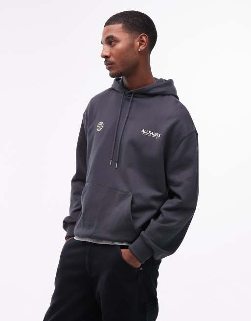 AllSaints Emblem graphic logo hoodie with back print in washed black, 3 of 5