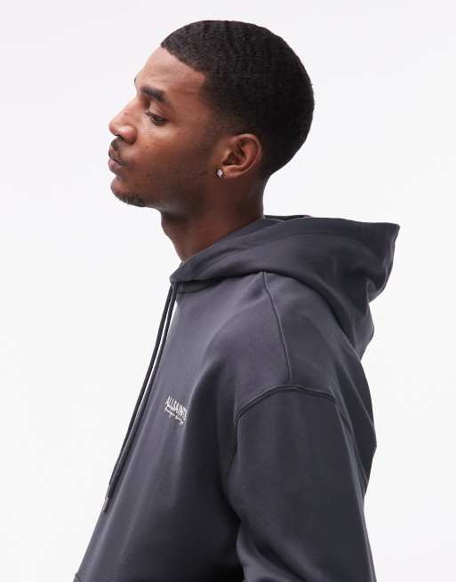 AllSaints Emblem graphic logo hoodie with back print in washed black, 4 of 5