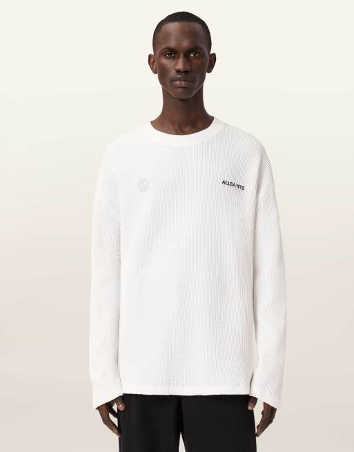 AllSaints – Emblem – Langärmliges Shirt in Cottage-Weiß mit Rundhalsausschnitt