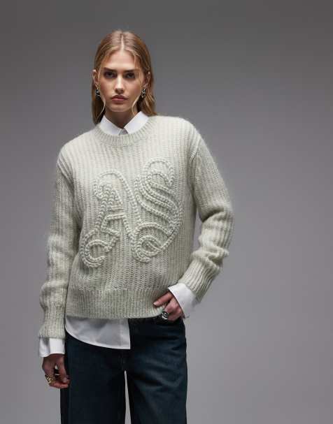 AllSaints embroiderd emblem crewneck jumper in pale green - view 1