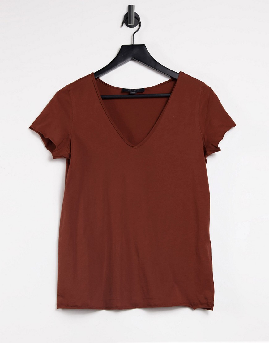 AllSaints – Emelyn Tonic – Brun t-shirt med v-ringning-Svart