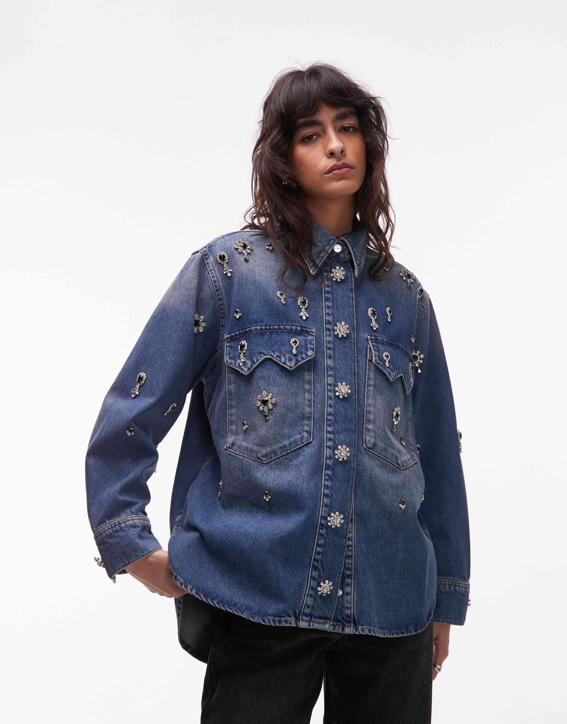 allsaints enna embellished denim overshirt in vintage blue wash
