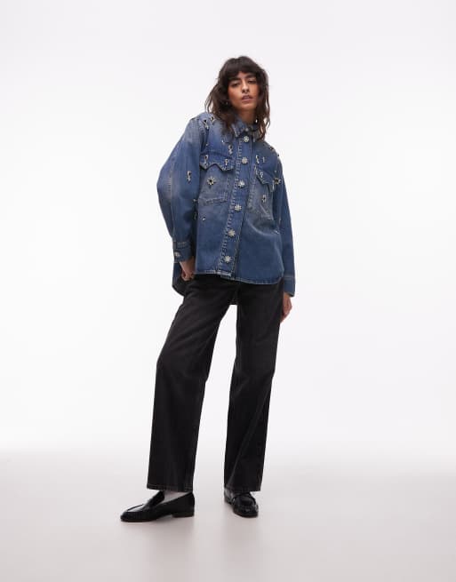 AllSaints - Enna - Overskjorte i vintage-blå denim med udsmykninger, 4 af 4