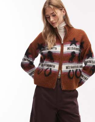 AllSaints - Epona - Strickjacke in Cognac-Braun mit Reißverschluss-Brown