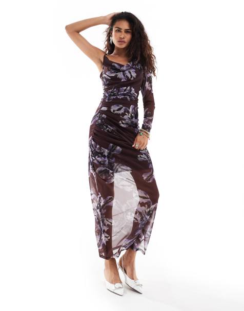 AllSaints Eris mesh one sleeve maxi dress in deep red print - view 1