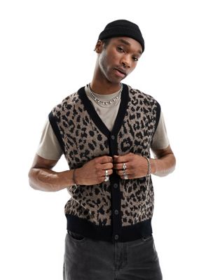AllSaints Erskine knitted button up vest in leopard print-Brown