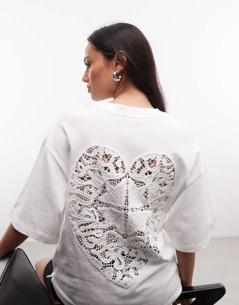 AllSaints - Esme Amelie - Hvid T-shirt med korte ærmer og blondedetalje bagpå - view 1