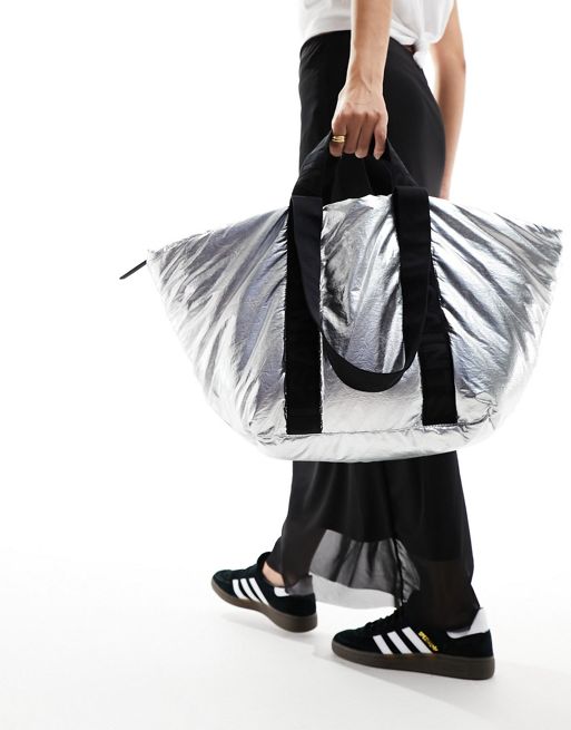 AllSaints Esme nylon large tote bag in silver | ASOS