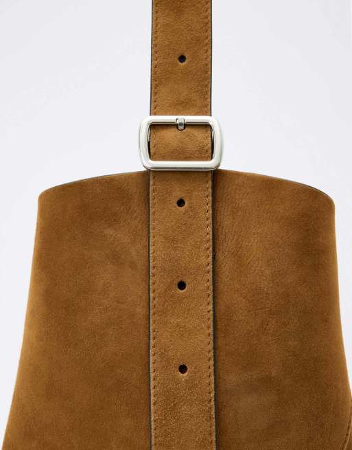 AllSaints Esme suede leather shoulder bucket bag in brown, 3 of 4