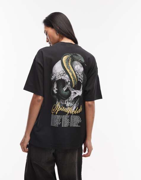 AllSaints – Etta – Bleksvart t-shirt med orm- och dödskalletryck - view 1