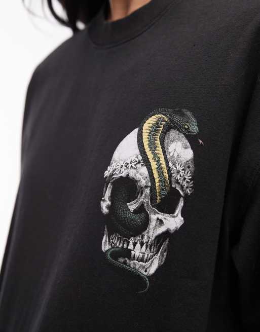 AllSaints – Etta – Bleksvart t-shirt med orm- och dödskalletryck, 3 av 4