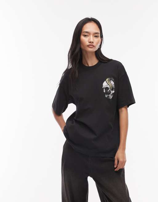AllSaints - Etta - Forvasket sort T-shirt med grafisk print af slange og dødningehoved, 4 af 4