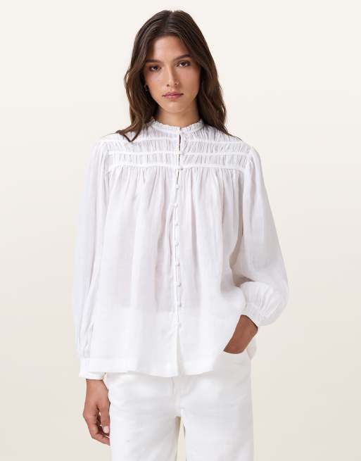 AllSaints – Etti – Bluse aus Leinen in optischem Weiß